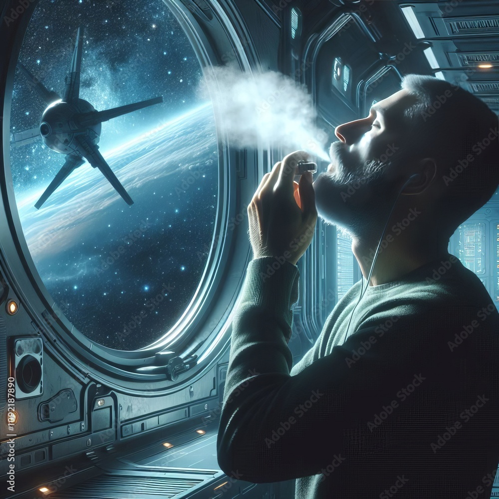 Poster man inhaling in a space station a man stands by a window in a sp