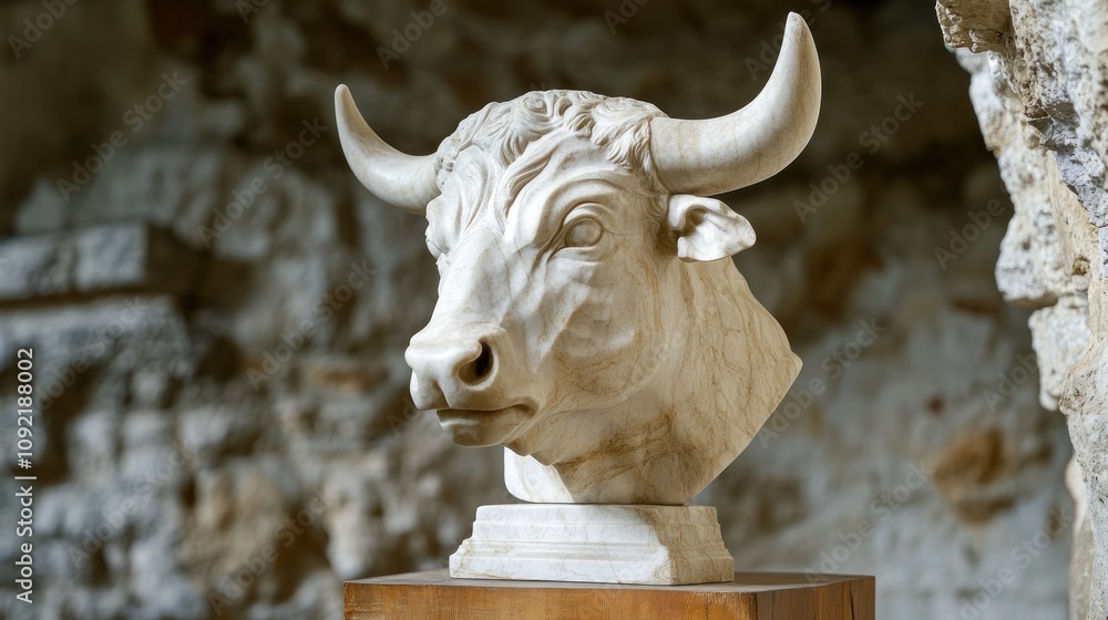 Poster a marble sculpture of a bull's head displayed on a pedestal in a stone environment.