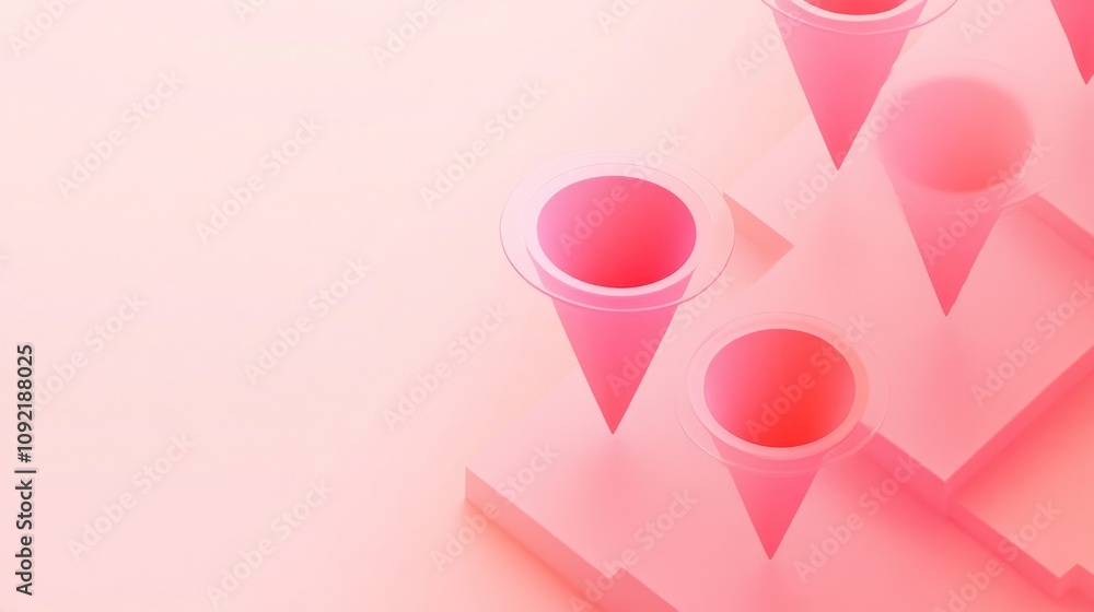 Poster abstract design featuring pink cones on a soft background, suggesting creativity and innovation.