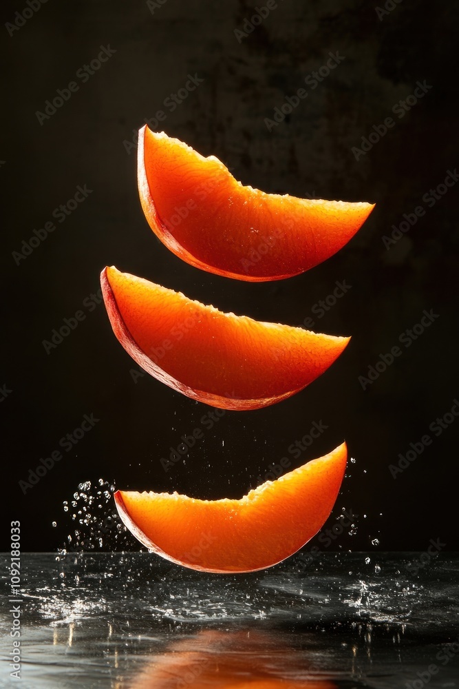 Poster three slices of vibrant orange fruit suspended above a reflective surface, creating a dynamic visual