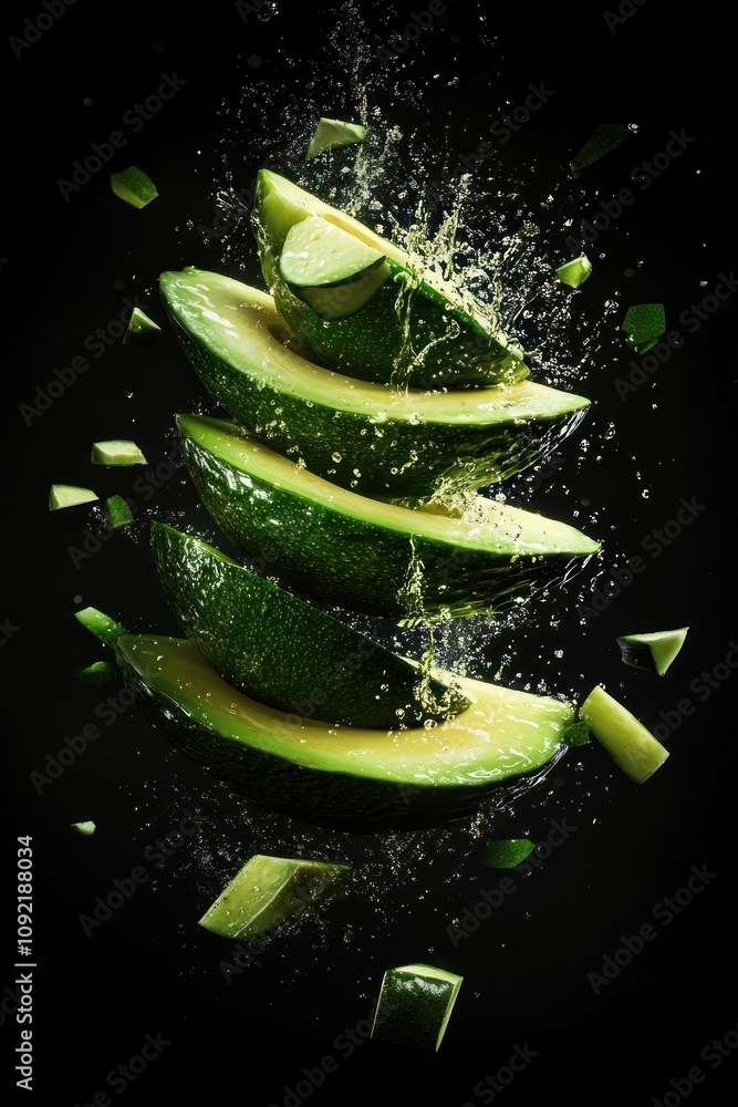 Poster sliced avocados suspended in mid-air, creating a dynamic and refreshing visual effect.