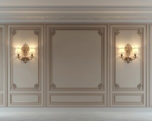 Champagne-colored walls with refined wood paneling.