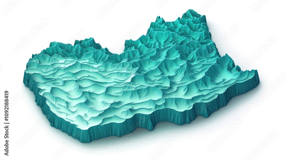 Poster a 3d representation of a topographic landscape with wavy contours.