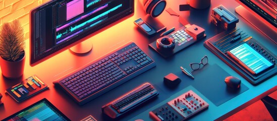 A desk with a computer, keyboard, headphones, and other electronics in a red and blue light.