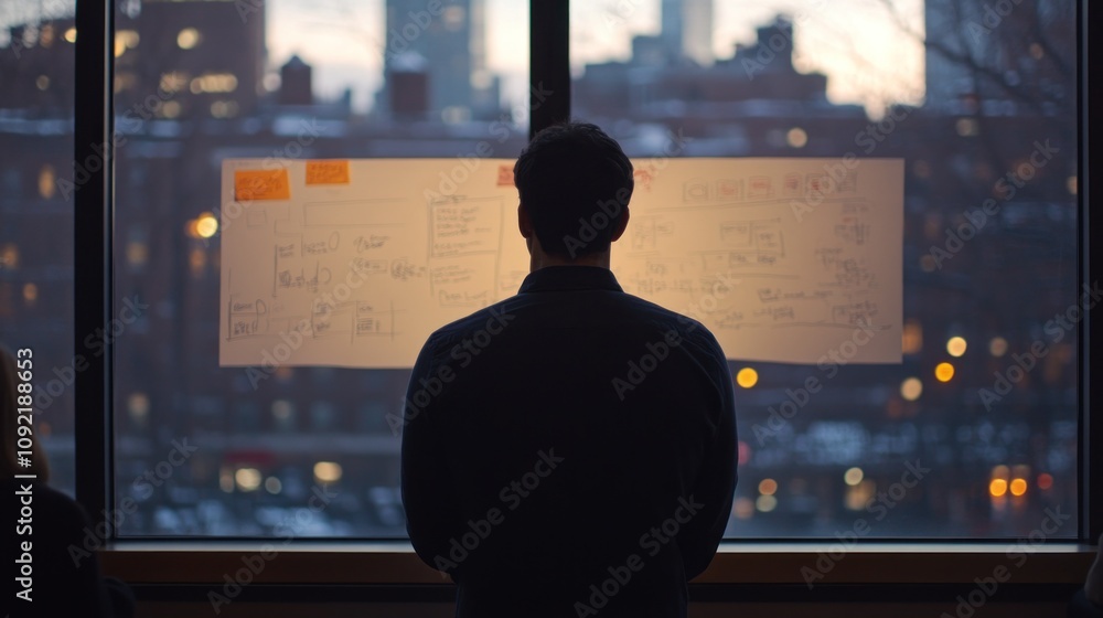 Poster a person observes a brainstorming chart through a window, reflecting on ideas and plans.