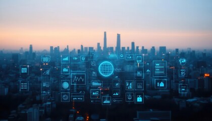 A panoramic view of a futuristic city skyline with digital overlays, showcasing technological advancements and urban connectivity at dusk.