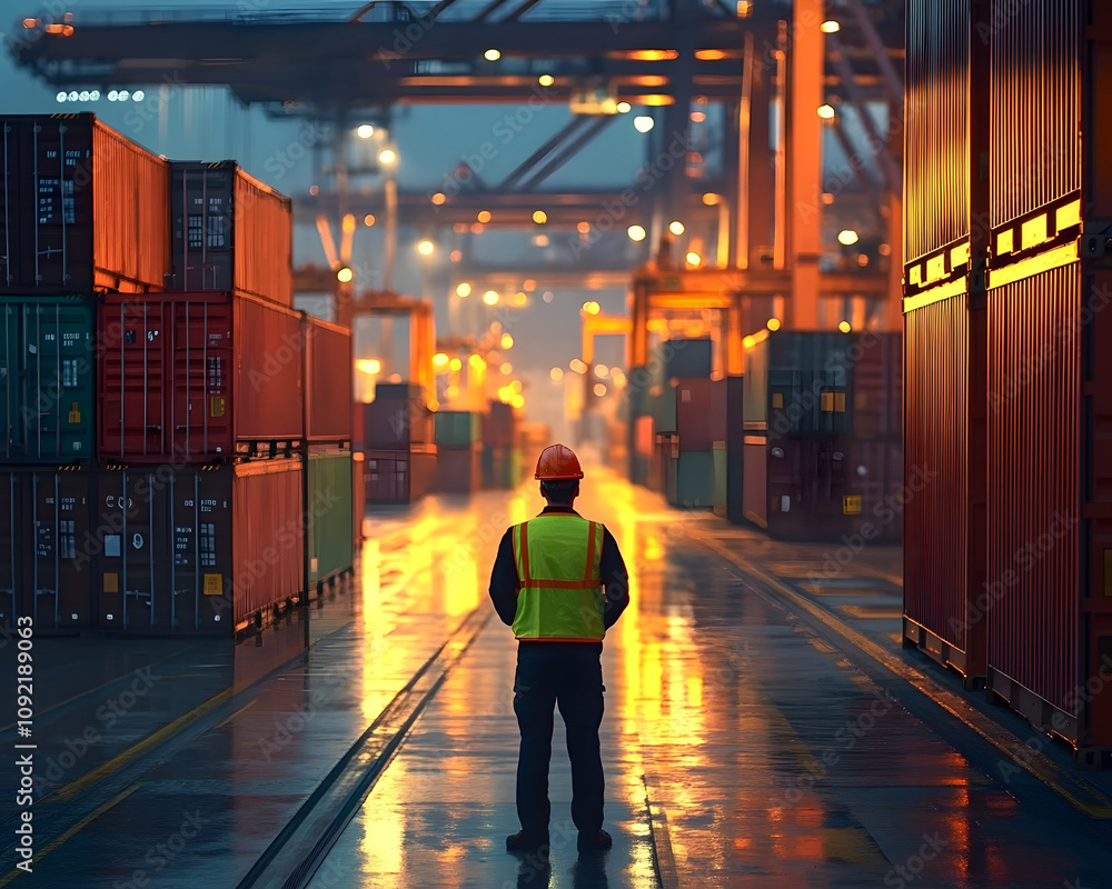 Poster industrial port supervisor managing container shipment for optimal logistics handling at terminal