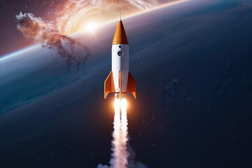 Naklejka premium Intergalactic Rocket Launch with Dramatic Flames and Smoke Effects
