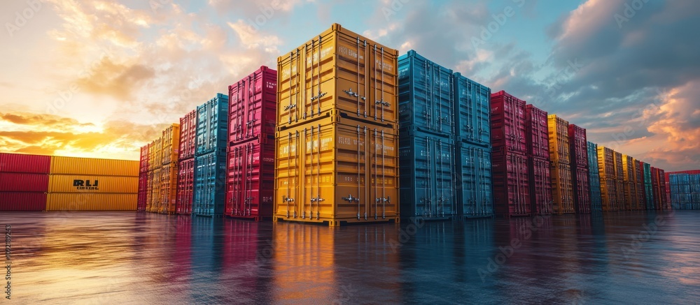 Poster a row of shipping containers stacked on a pier. the containers are various colors and sizes, with a 