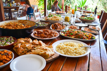 Assorted vibrant dishes on a wooden table for a communal meal in a tropical setting