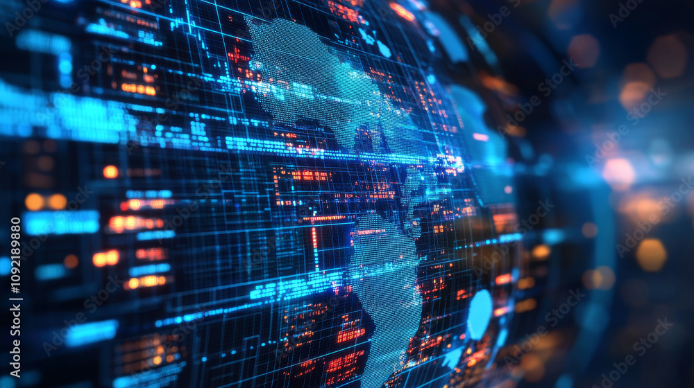 Poster users familiar with technology envision a 3d blockchain future. the image is a 3d computer-generated