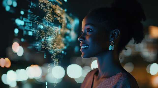 Overlay, global tech and black woman at night for information technology, research or digital job. Iot, smile and future 3d world hologram in dark, person networking with cloud computing dashboard