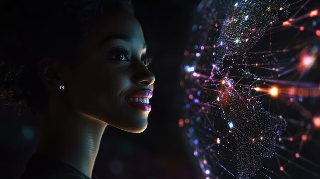 Overlay, global tech and black woman at night for information technology, research or digital job. Iot, smile and future 3d world hologram in dark, person networking with cloud computing dashboard