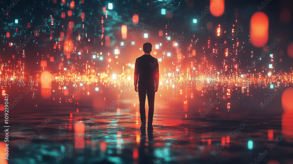 Poster a man stands in a glowing, 3d blockchain network. it's an image about the future of cryptocurrency.