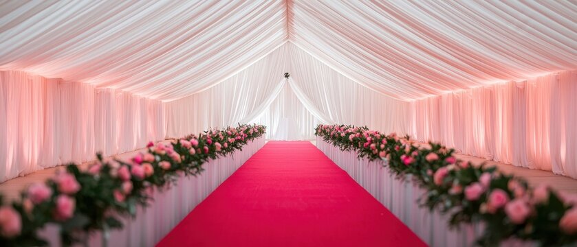 A beautifully arranged event space featuring a pink carpet, elegant drapery and floral decorations, perfect for weddings or celebrations.