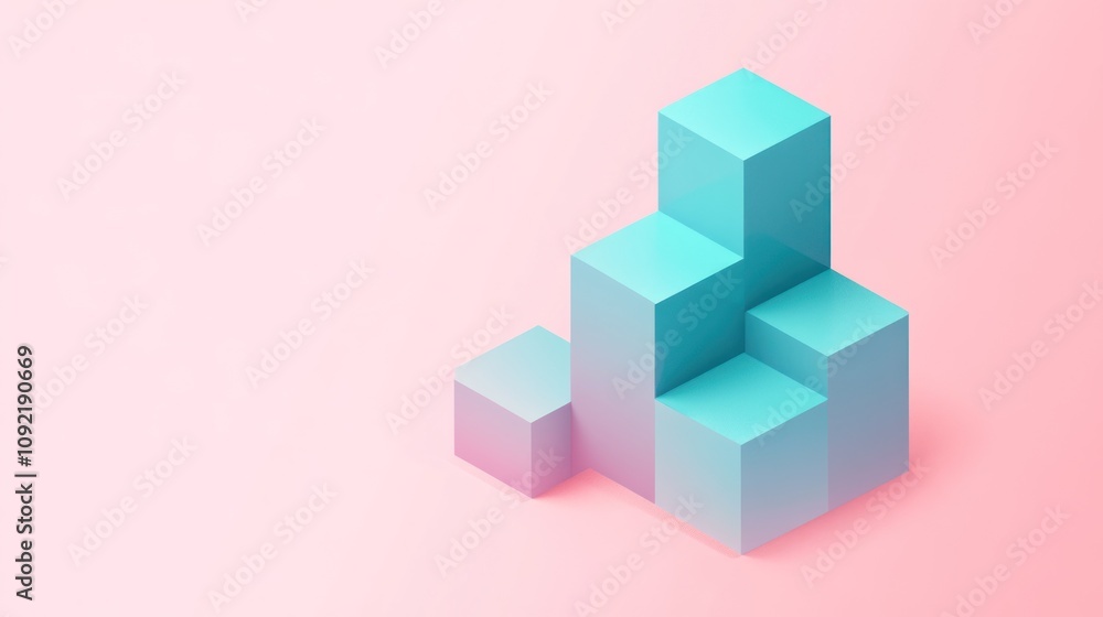 Poster a minimalist design featuring stacked geometric shapes in soft blue tones against a pink background.
