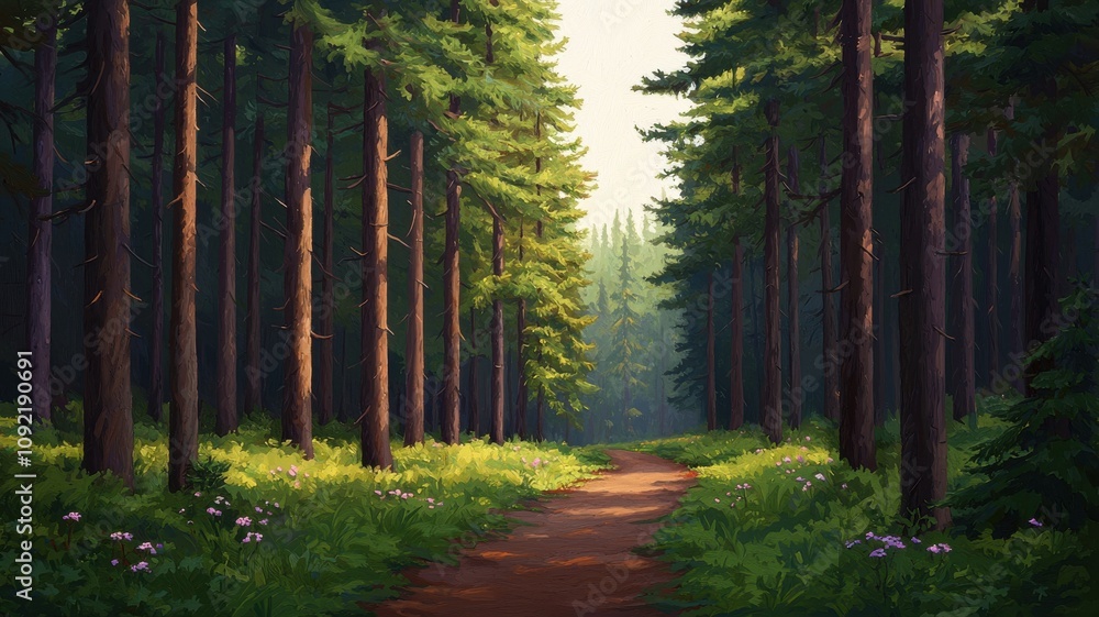 Poster a serene forest path surrounded by tall trees and lush greenery, inviting exploration and connection