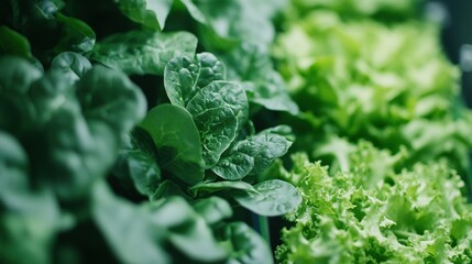 A close-up of leafy greens growing in a futuristic vertical farming system.