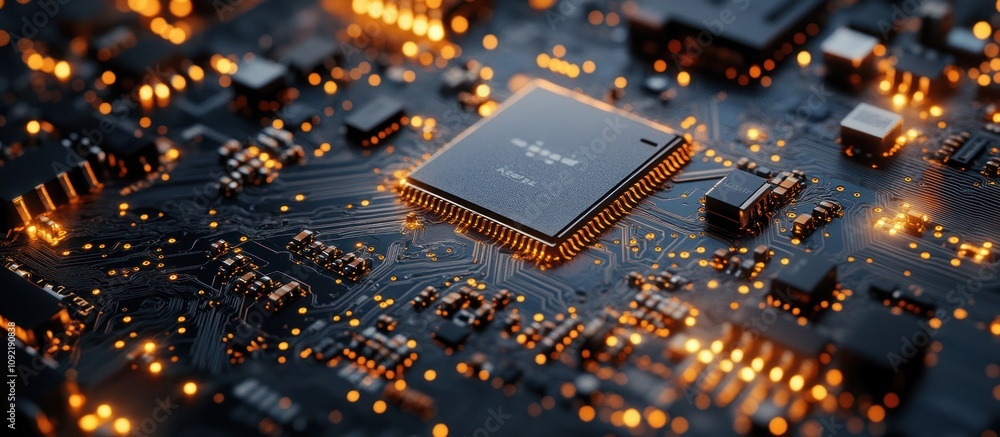 Poster close-up of a computer chip on a circuit board with glowing lights.
