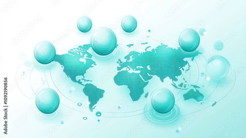 Poster Abstract world map with translucent spheres, suggesting global connectivity and technology.