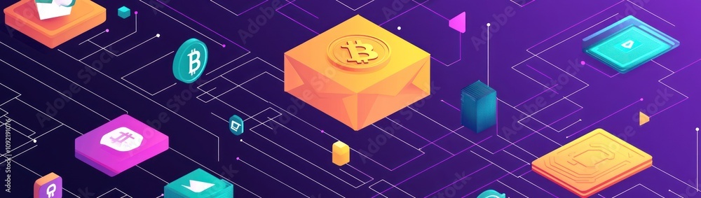 Poster colorful digital illustration featuring cryptocurrency symbols and blockchain elements.