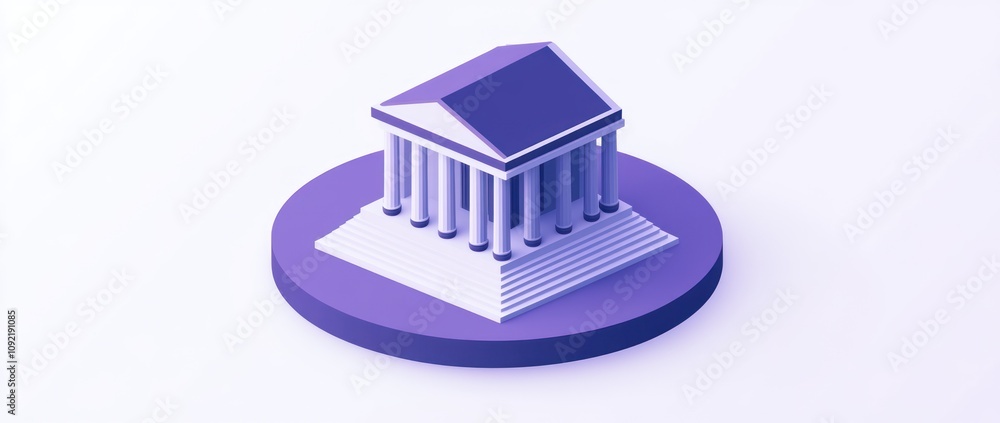 Poster A stylized 3D representation of a classical building with columns on a circular base.