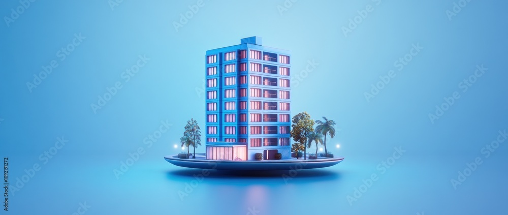 Poster a stylized, illuminated hotel building surrounded by palm trees on a reflective surface.