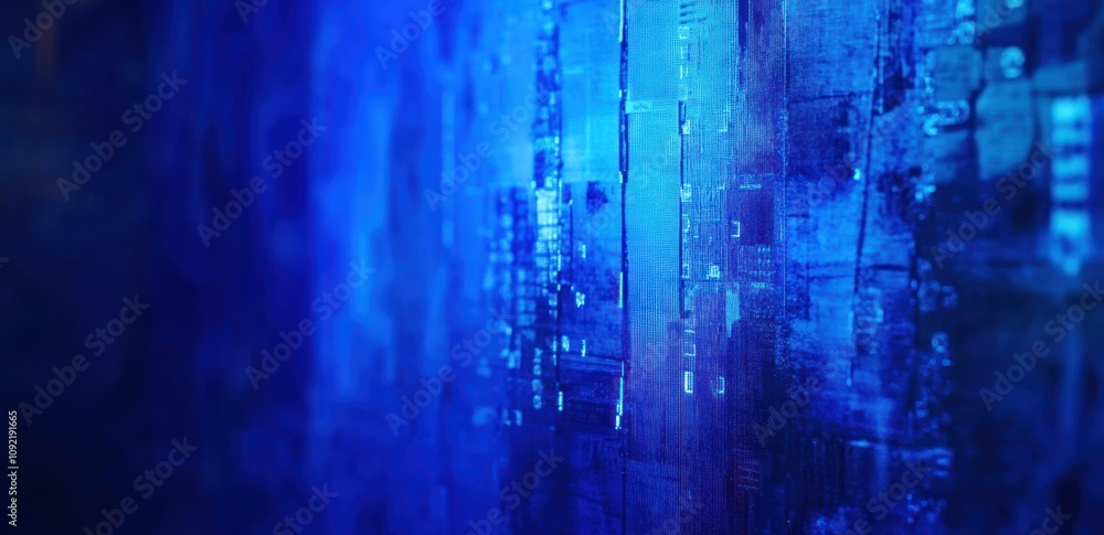 Poster abstract blue digital background with textured patterns and light effects.