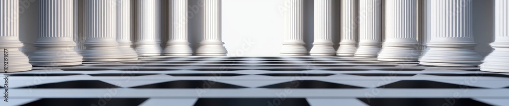 Aufkleber A perspective view of a corridor lined with columns and a checkered floor leading to light.
