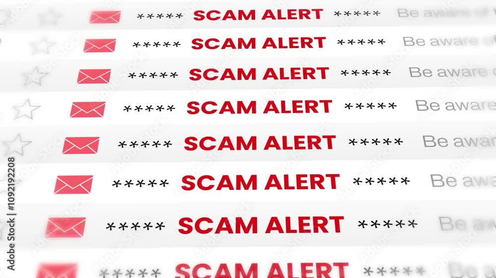 Poster scam alert email list scrolling 4k animation with red alarming typography background. frauds and sca