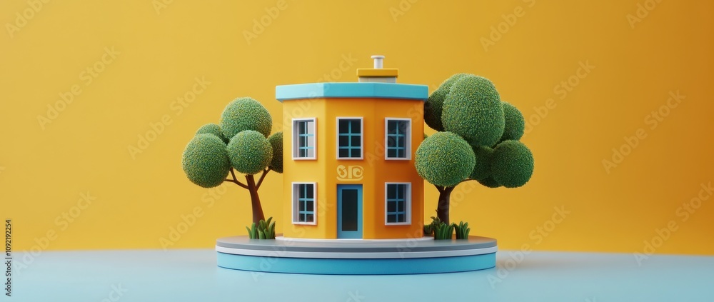 Poster A colorful, stylized building surrounded by trees on a circular platform against a bright background.