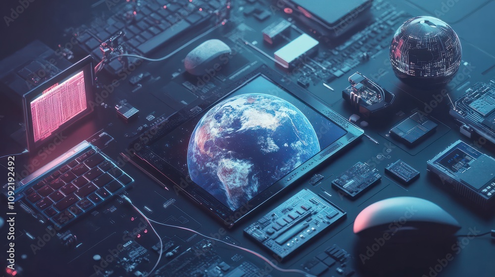 Poster tech devices and icons connected to digital planet earth