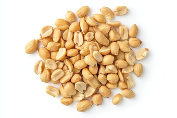 Roasted peanuts, scattered on white. Perfect for food blogs, packaging, or recipes featuring peanuts.