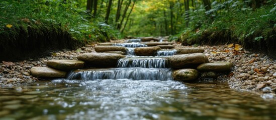 Fototapeta premium Small stream with a waterfall and stepping stones.