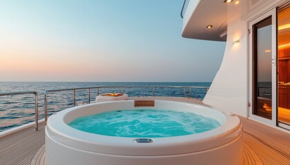 Obraz premium A luxury hot tub overlooking the ocean at sunset, offering a serene and relaxing atmosphere.