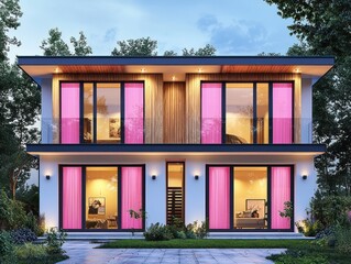 Modern house evening shot, high resolution, pink windows, wood details.