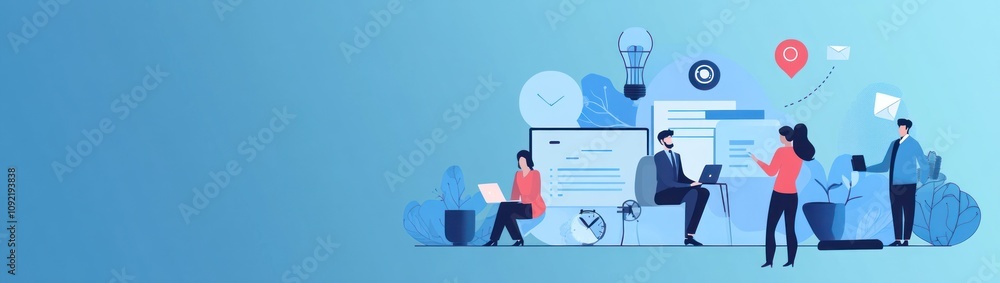 Poster illustration of a collaborative office environment with people working and brainstorming ideas.