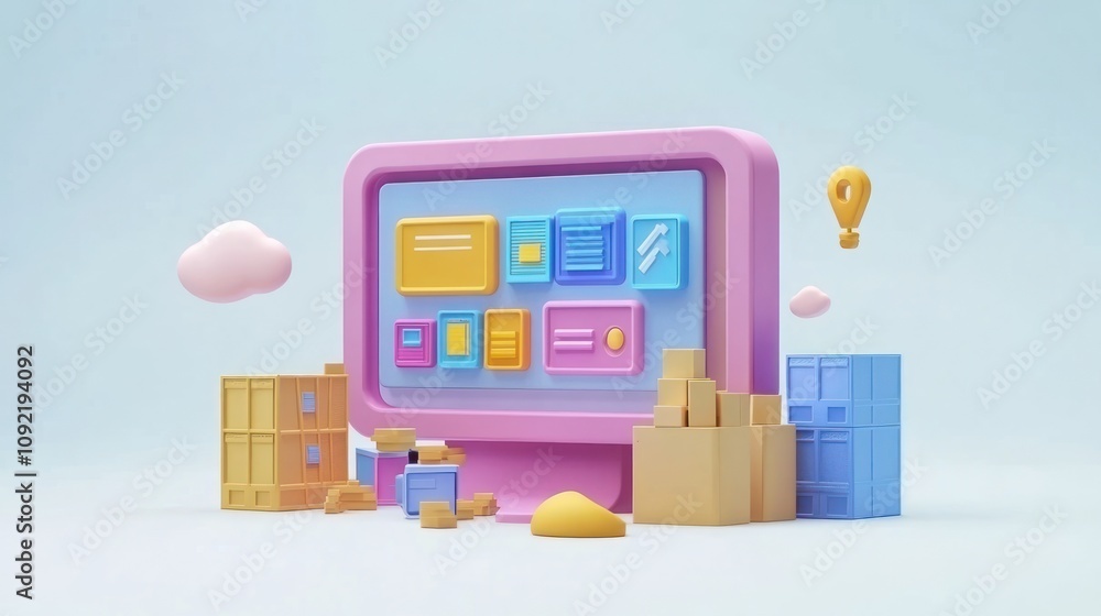 Poster A colorful computer screen surrounded by various boxes and packages.