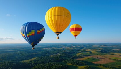 Fototapeta premium Colorful hot air balloons float gracefully above a scenic landscape, showcasing a clear blue sky and rolling green fields below.