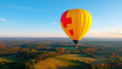 Fototapeta premium A vibrant hot air balloon soars above a picturesque landscape, showcasing colorful autumn foliage under a clear blue sky.
