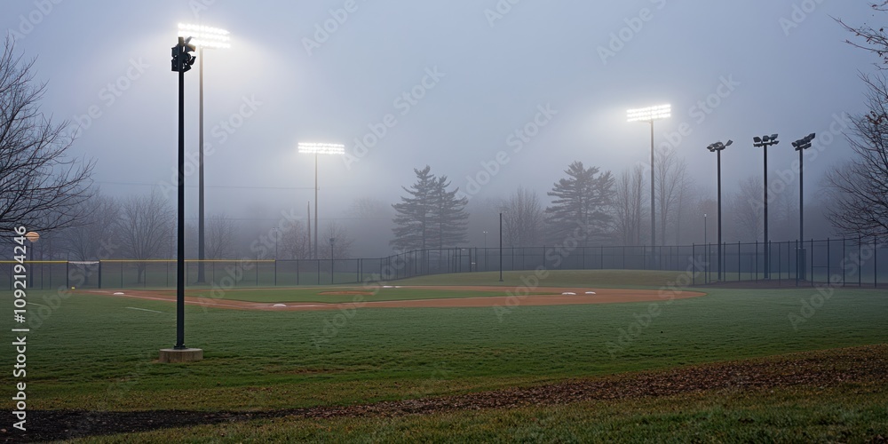 Poster a foggy baseball field illuminated by lights, creating a serene, quiet atmosphere.