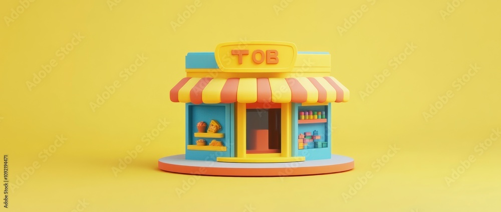 Poster a colorful, cartoonish shop front with a striped awning and display windows.