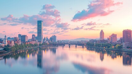 Fototapeta premium Serene cityscape at sunset reflecting on calm waters.
