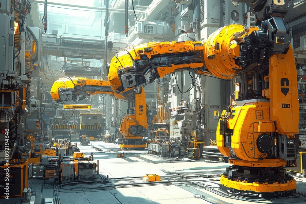 Poster robotic arms assembling products futuristic factory floor industrial environment high-tech setting a