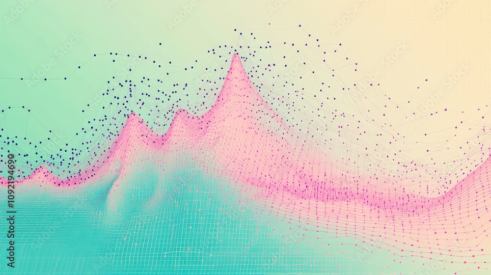 Poster Abstract digital visualization of data with peaks and dots in pastel colors.