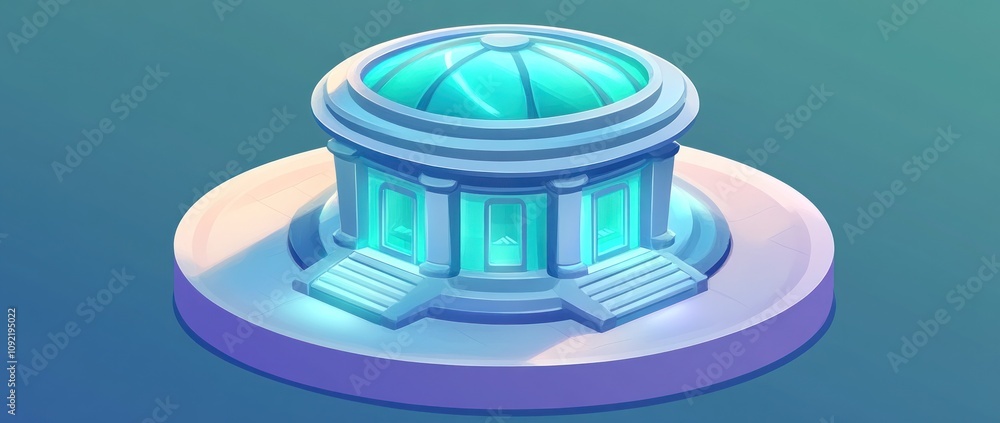 Poster a stylized dome-shaped building with glowing features and steps.