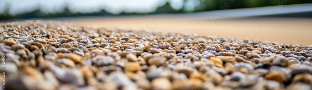 Poster close-up view of small pebbles on a surface, highlighting texture and natural colors.