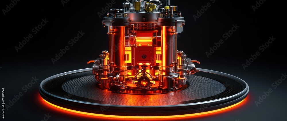 Poster a futuristic machine with glowing components, likely related to advanced technology or energy.
