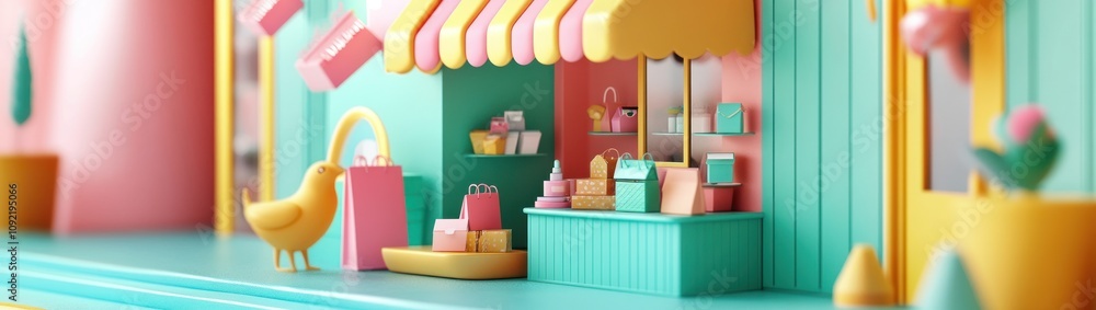 Poster a colorful miniature shop scene with a bird, showcasing playful design and vibrant elements.
