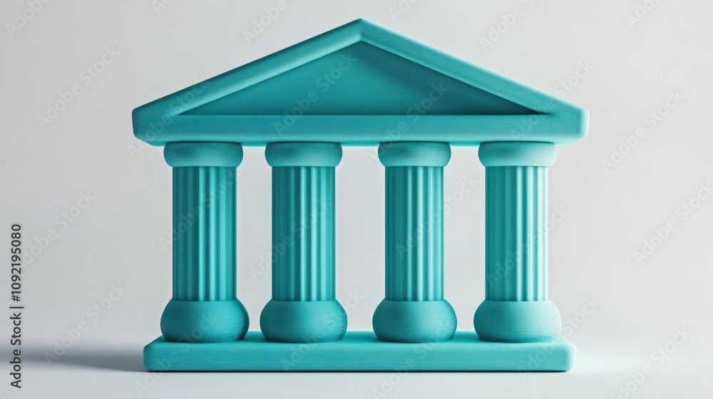 Poster A stylized turquoise building with four columns and a triangular roof, symbolizing stability.